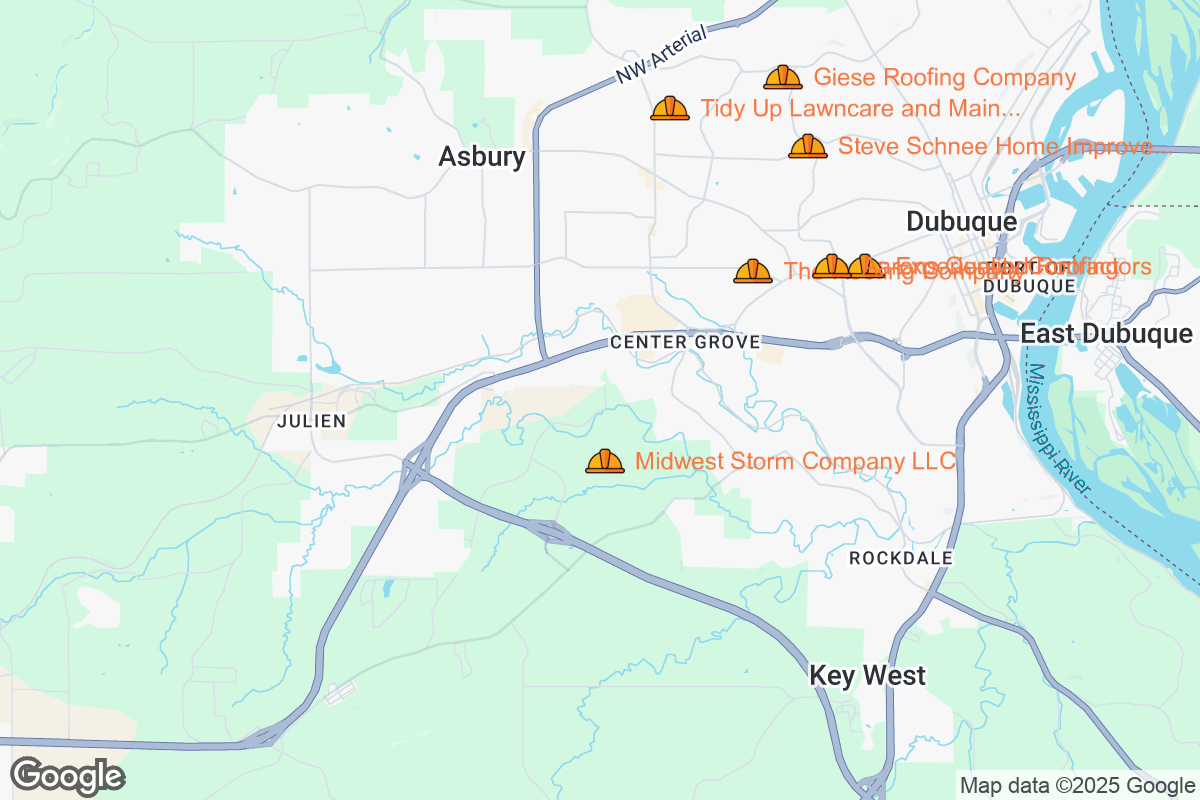 Map of Roofing Contractors in Dubuque, Iowa