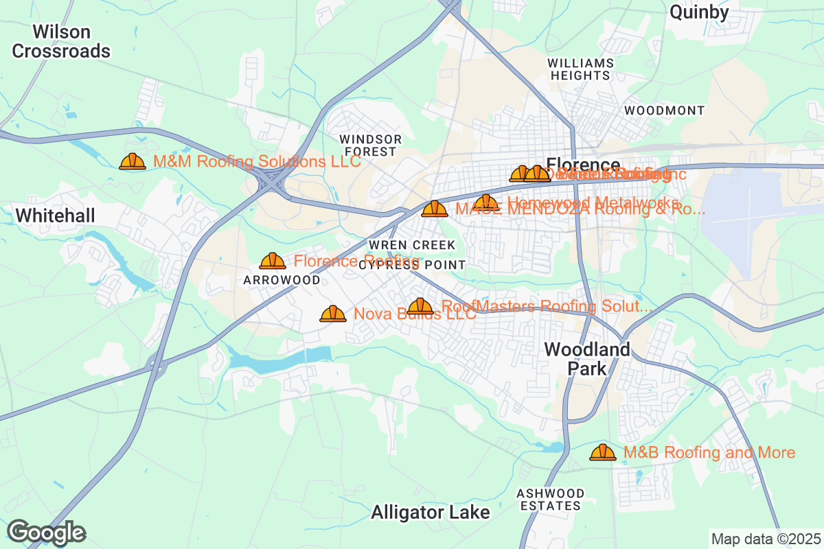 Map of Roofing Contractors in Florence, South Carolina