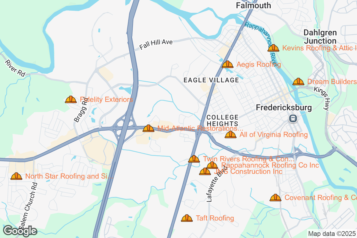 Map of Roofing Contractors in Fredericksburg, Virginia
