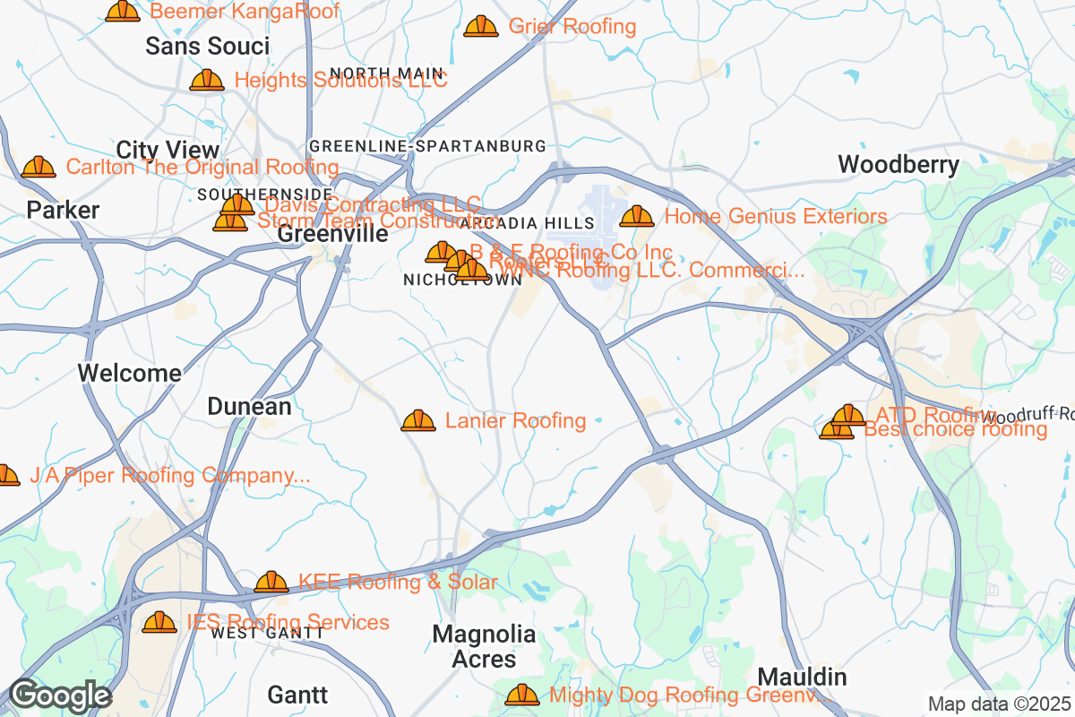 Map of Roofing Contractors in Greenville, South Carolina