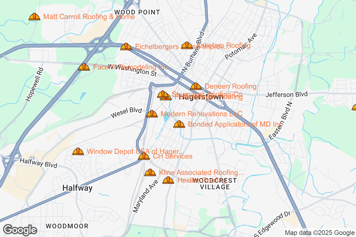 Map of Roofing Contractors in Hagerstown, Maryland