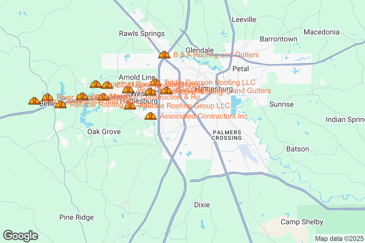 Map of Roofing Contractors in Hattiesburg, Mississippi