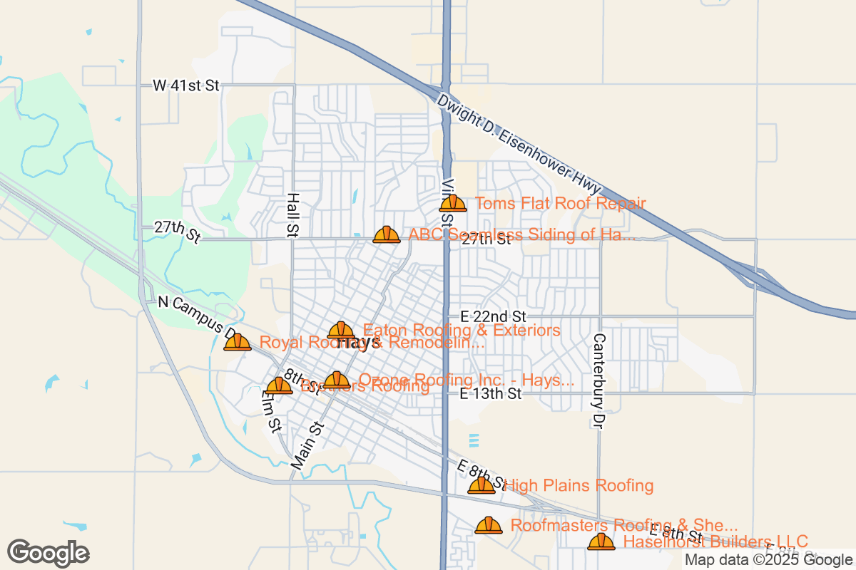 Map of Roofing Contractors in Hays, Kansas
