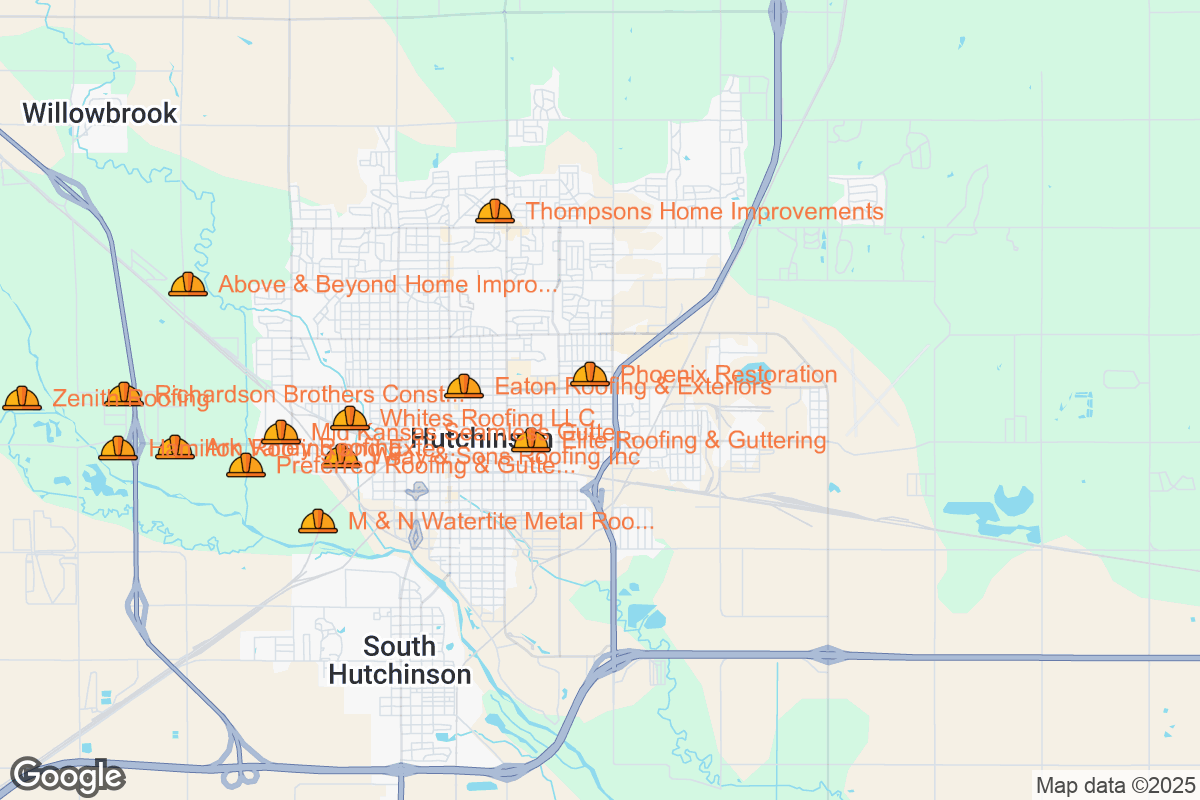Map of Roofing Contractors in Hutchinson, Kansas