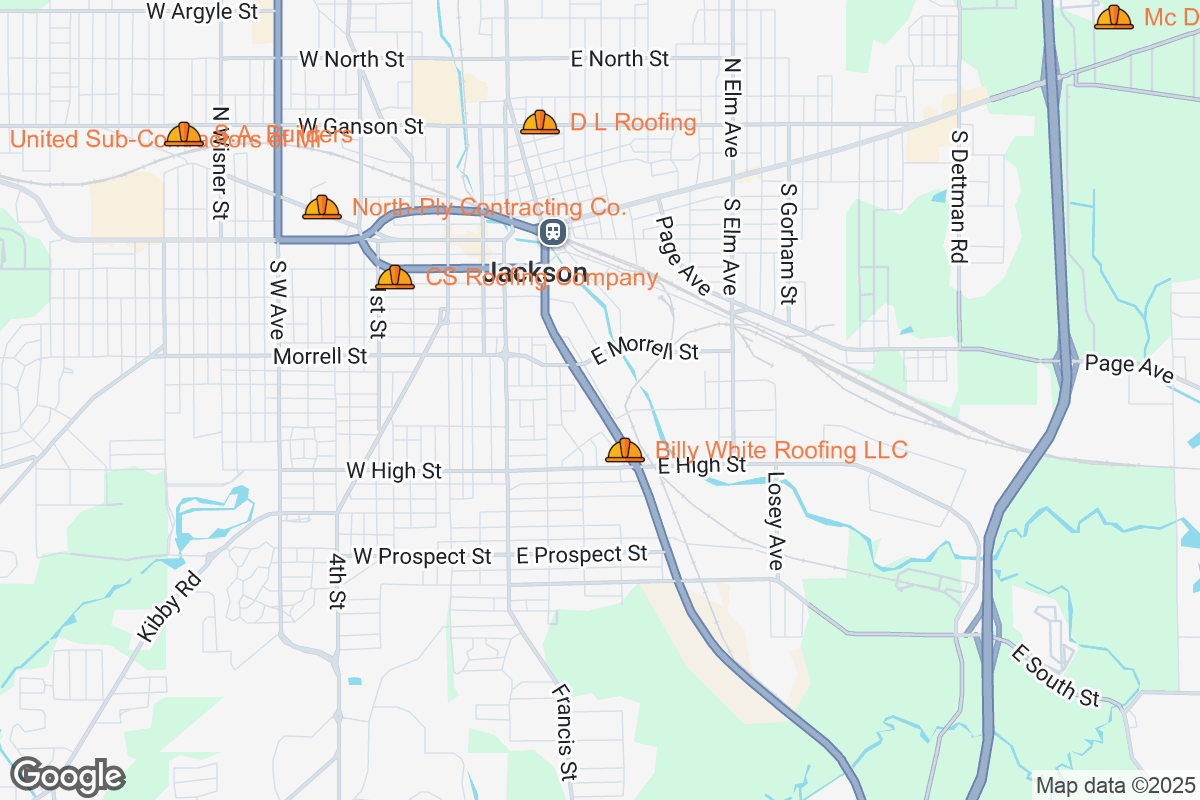Map of Roofing Contractors in Jackson, Michigan