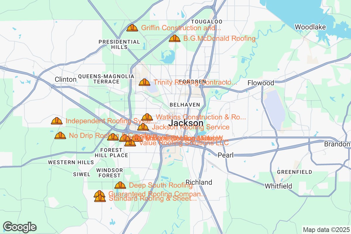 Map of Roofing Contractors in Jackson, Mississippi
