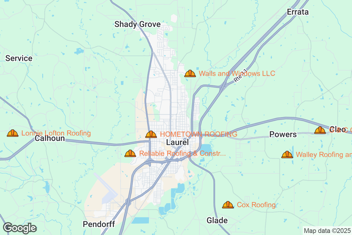 Map of Roofing Contractors in Laurel, Mississippi