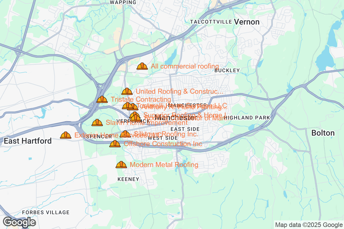 Map of Roofing Contractors in Manchester, Connecticut