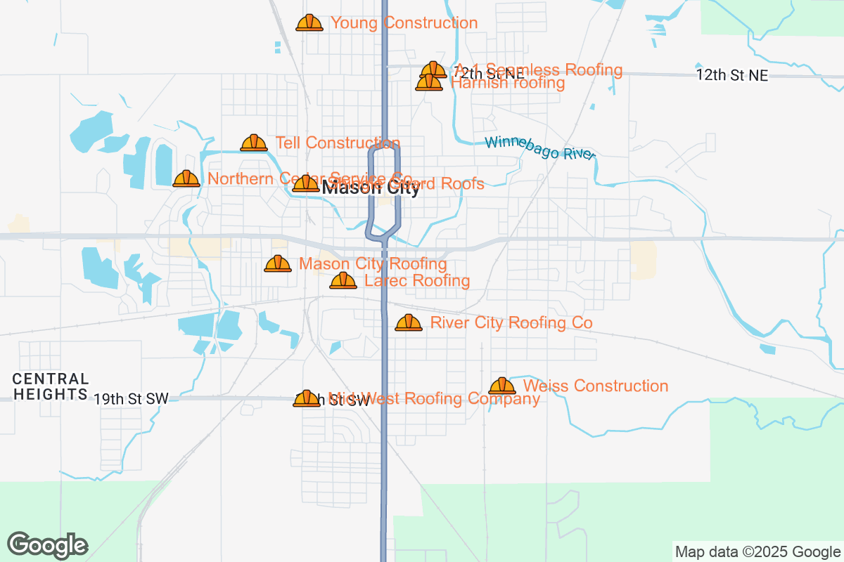 Map of Roofing Contractors in Mason City, Iowa