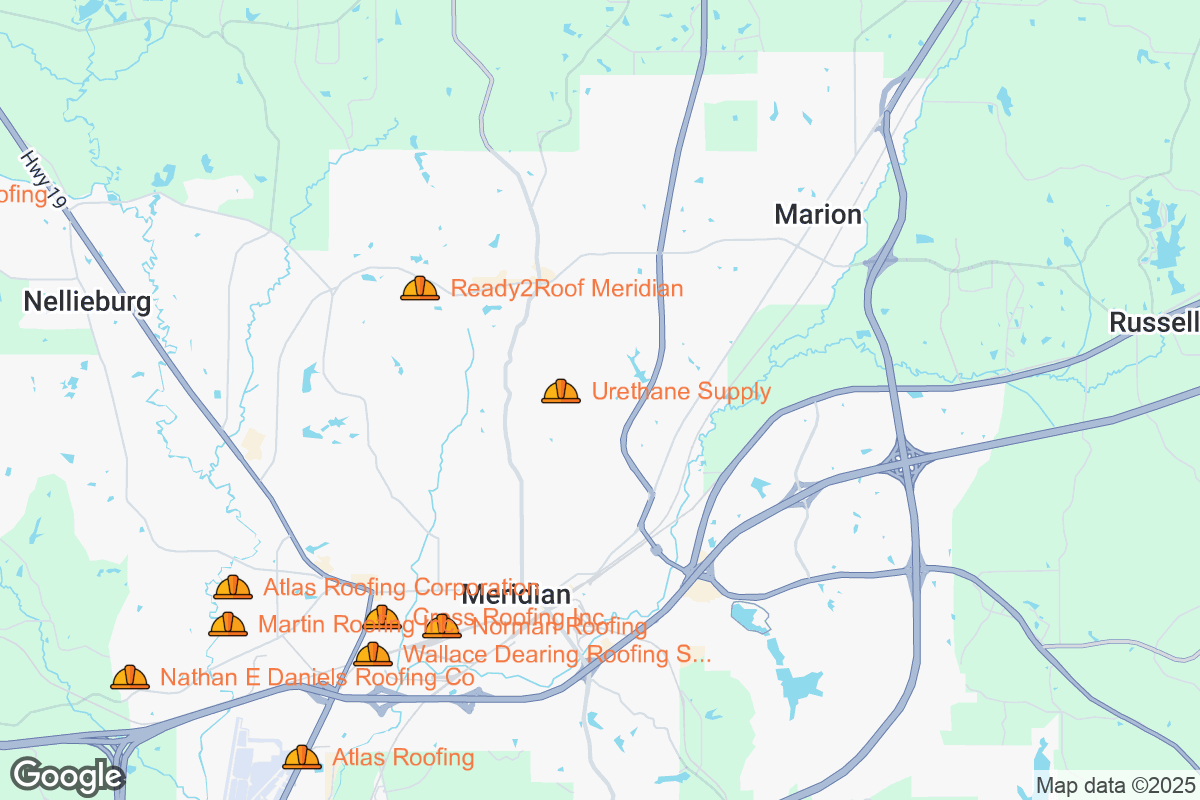 Map of Roofing Contractors in Meridian, Mississippi