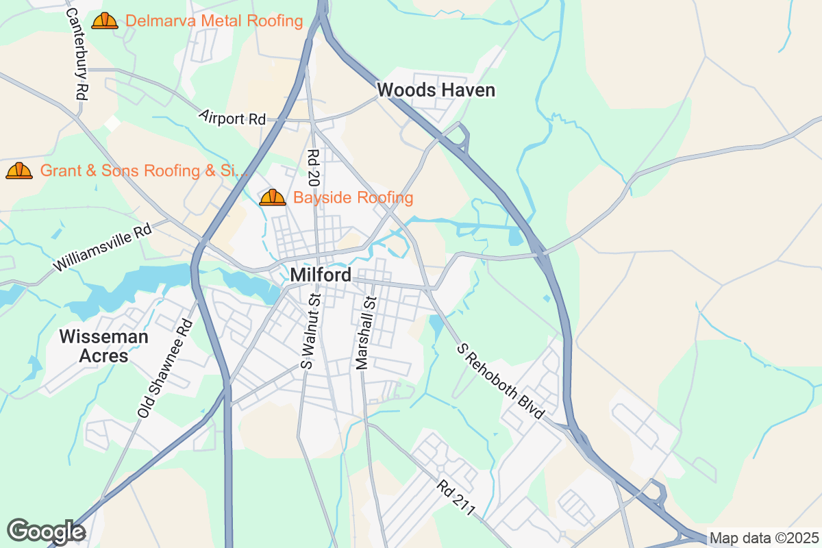 Map of Roofing Contractors in Milford, Delaware