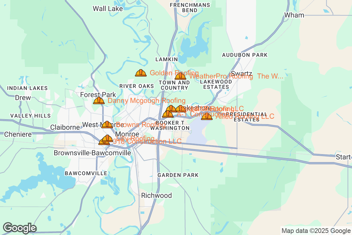 Map of Roofing Contractors in Monroe, Louisiana