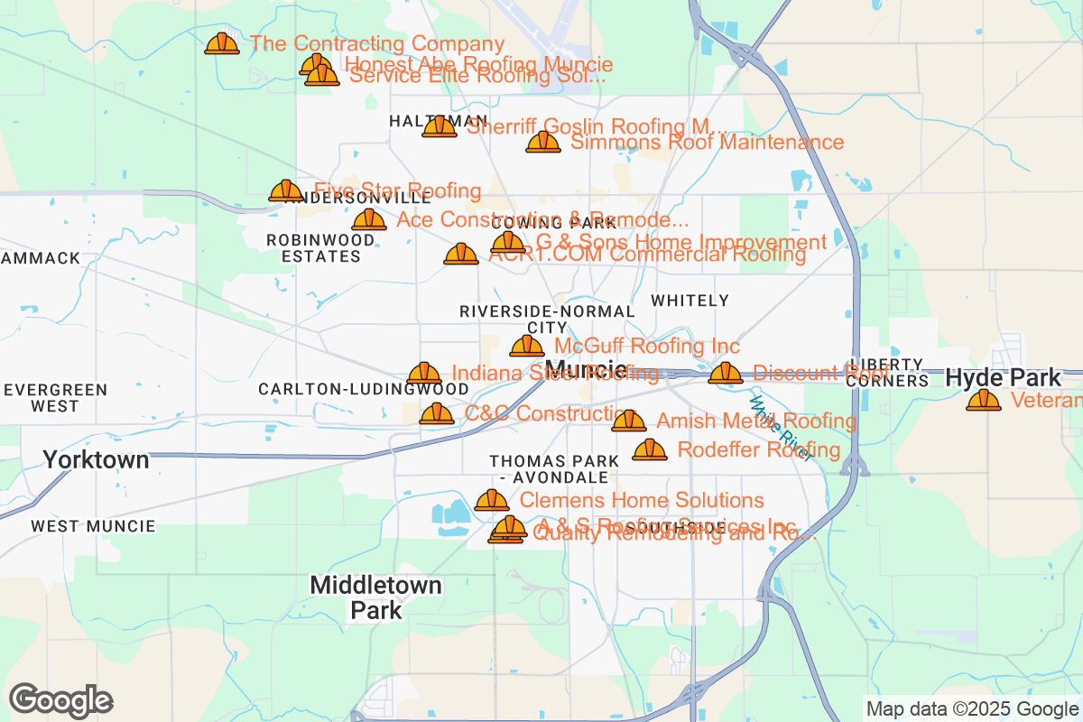 Map of Roofing Contractors in Muncie, Indiana