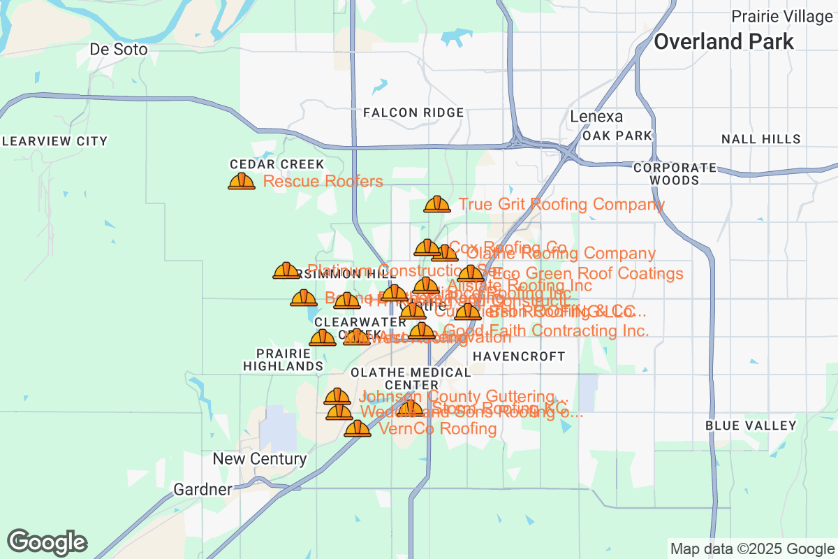 Map of Roofing Contractors in Olathe, Kansas