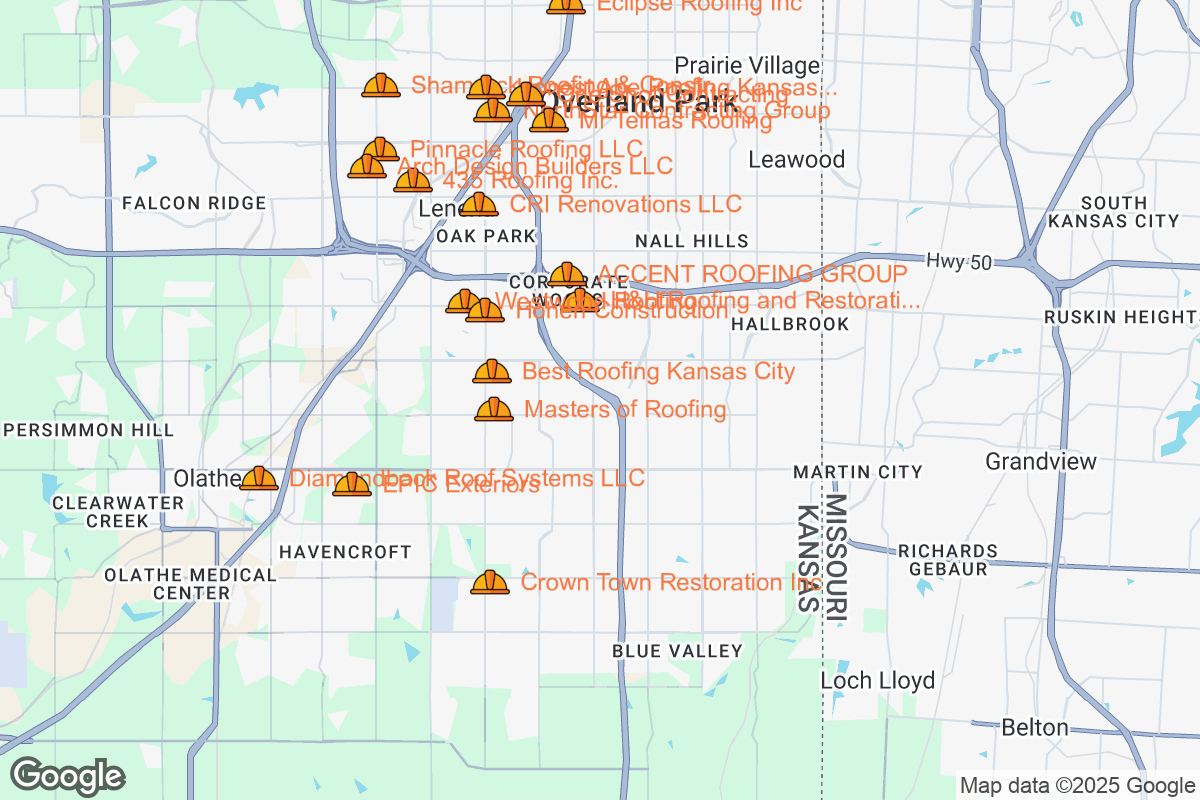 Map of Roofing Contractors in Overland Park, Kansas