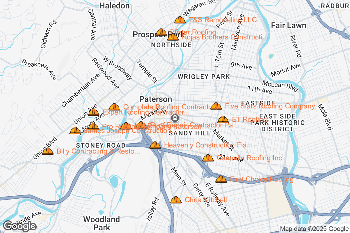 Map of Roofing Contractors in Paterson, New Jersey