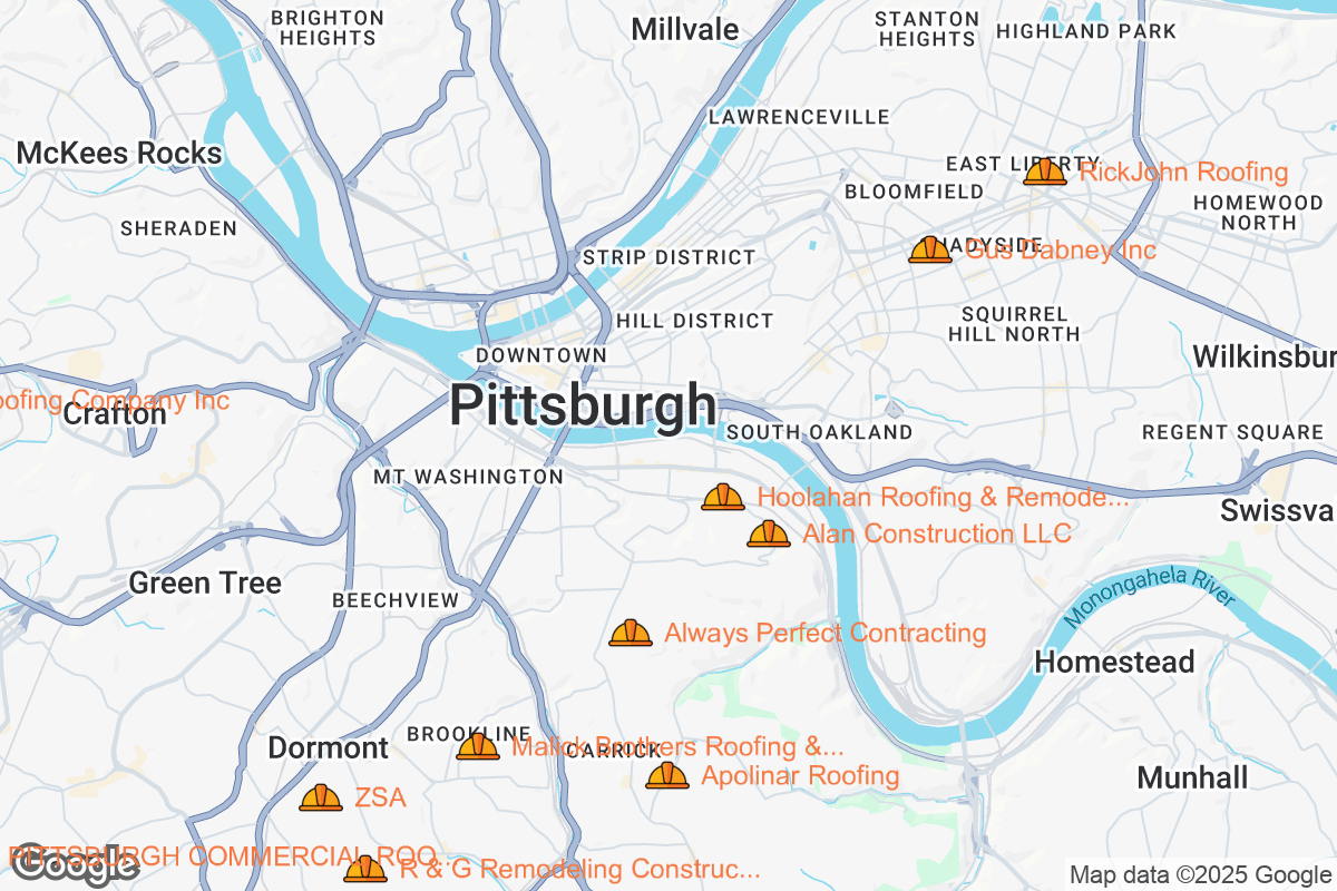 Map of Roofing Contractors in Pittsburgh, Pennsylvania