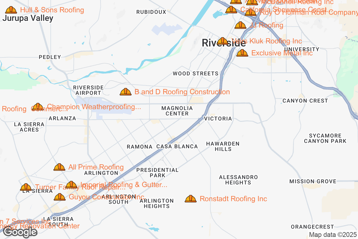 Map of Roofing Contractors in Riverside, California