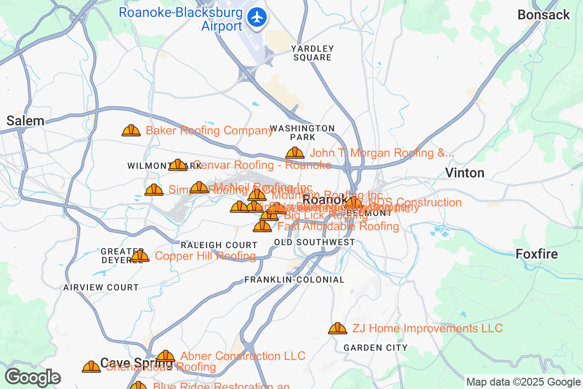 Map of Roofing Contractors in Roanoke, Virginia