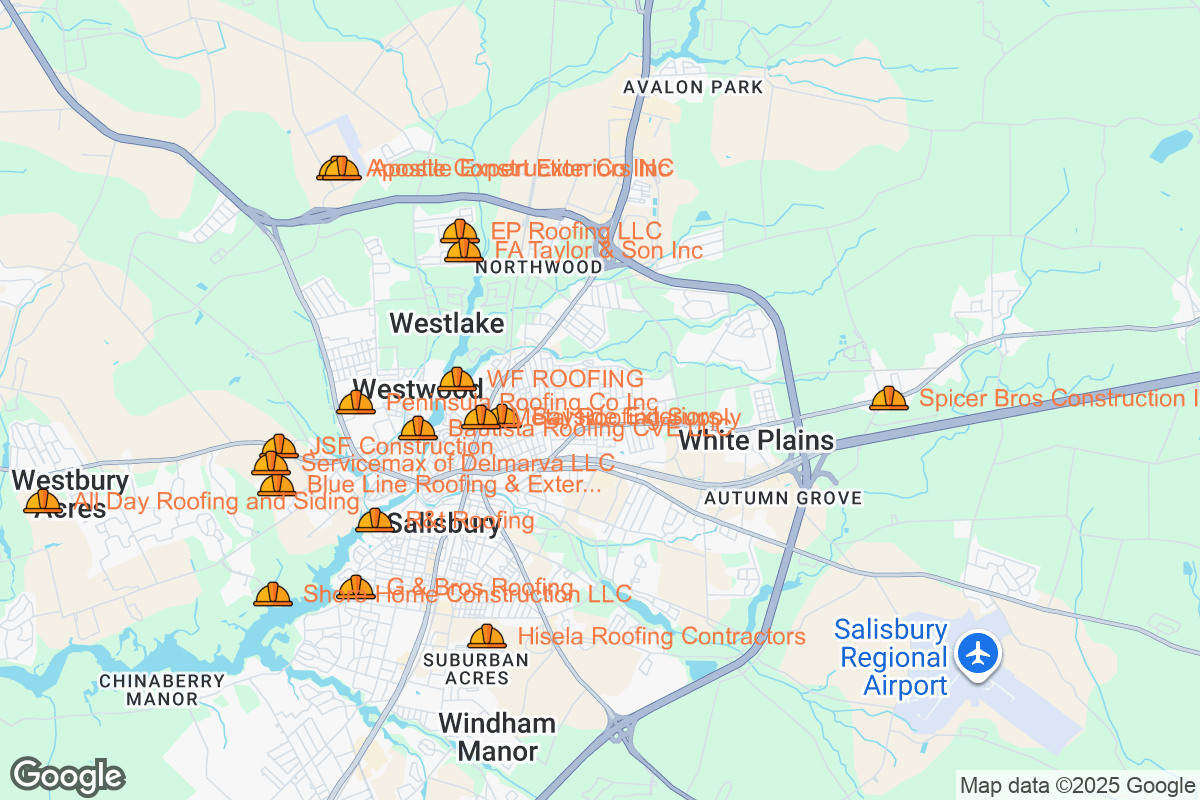 Map of Roofing Contractors in Salisbury, Maryland