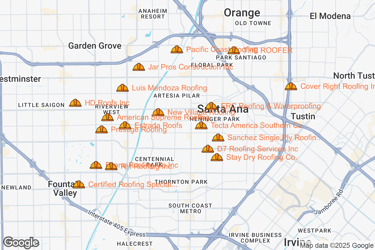 Map of Roofing Contractors in Santa Ana, California