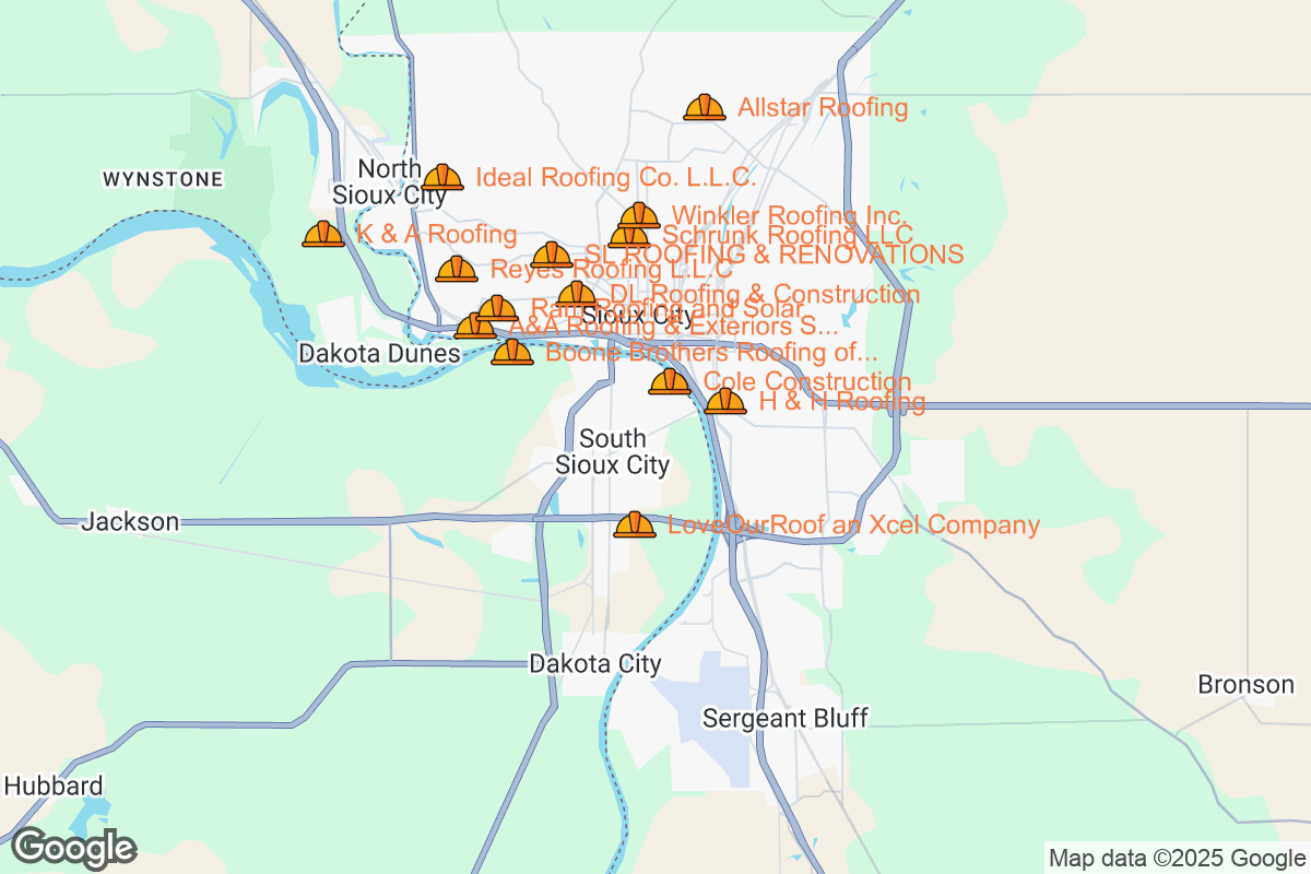 Map of Roofing Contractors in Sioux City, Iowa