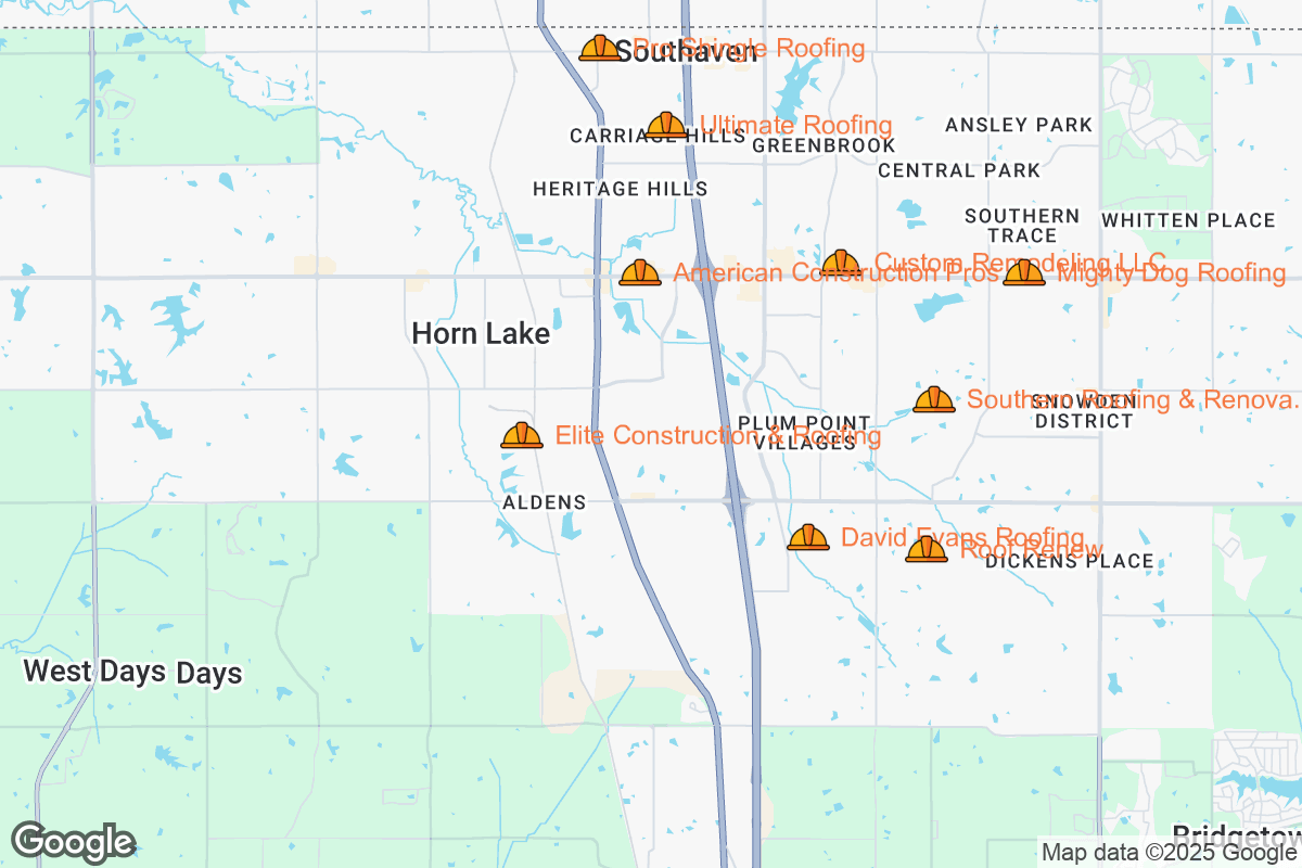 Map of Roofing Contractors in Southaven, Mississippi