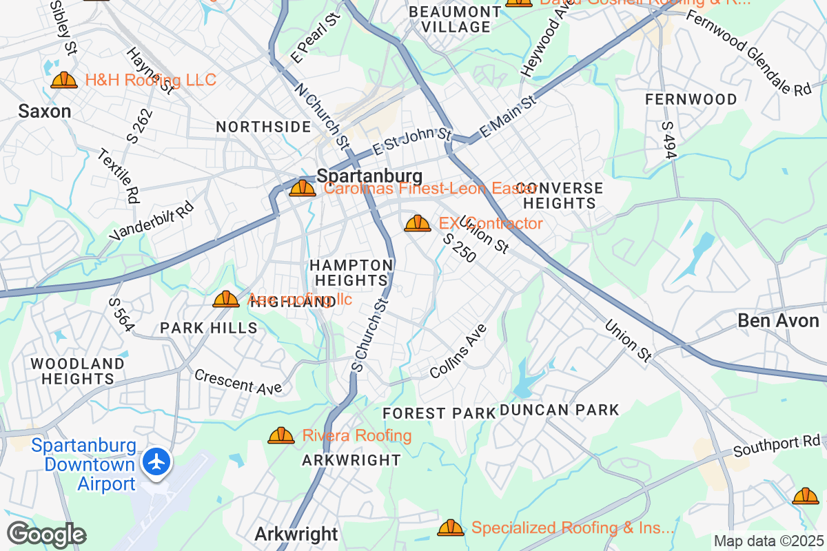 Map of Roofing Contractors in Spartanburg, South Carolina