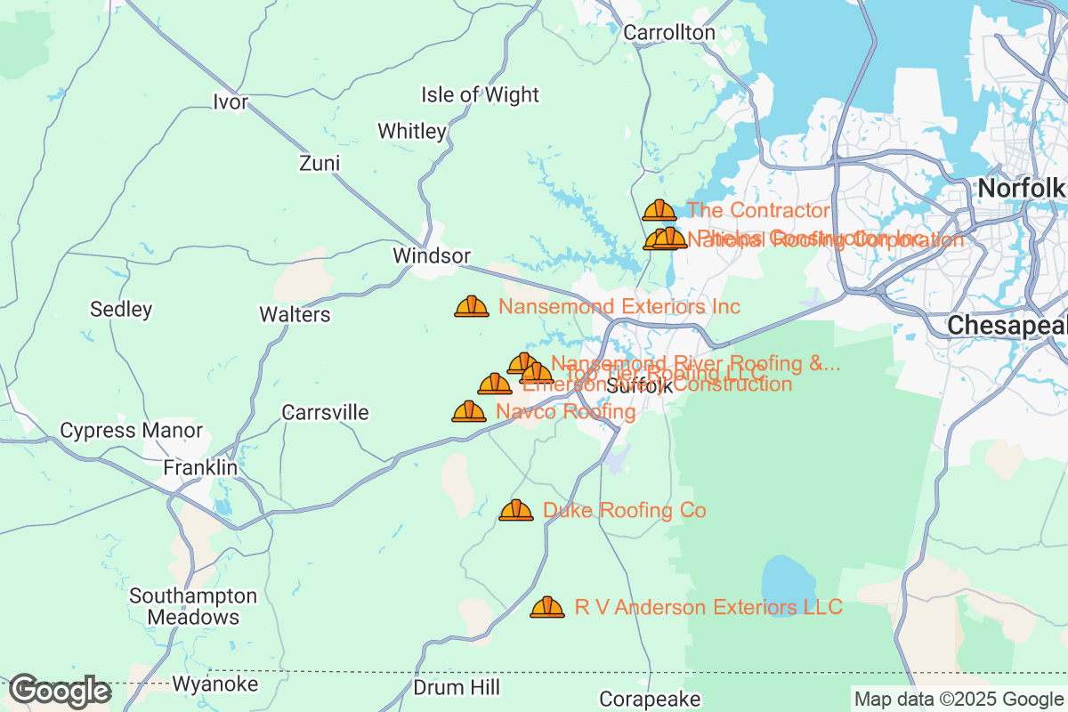 Map of Roofing Contractors in Suffolk, Virginia