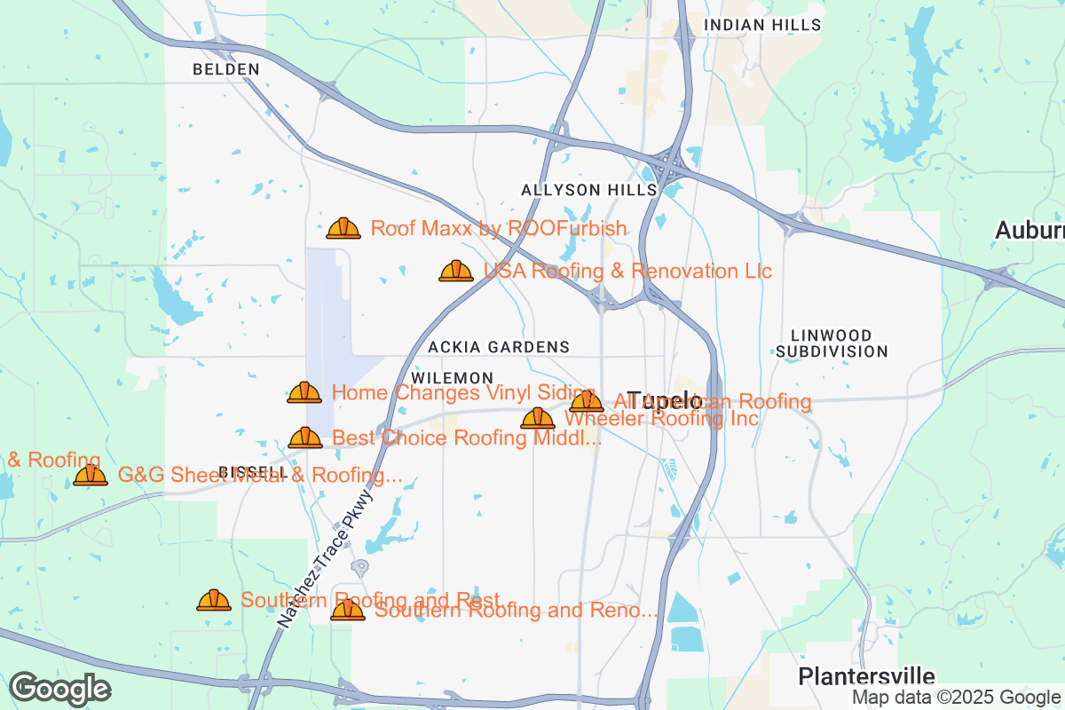 Map of Roofing Contractors in Tupelo, Mississippi