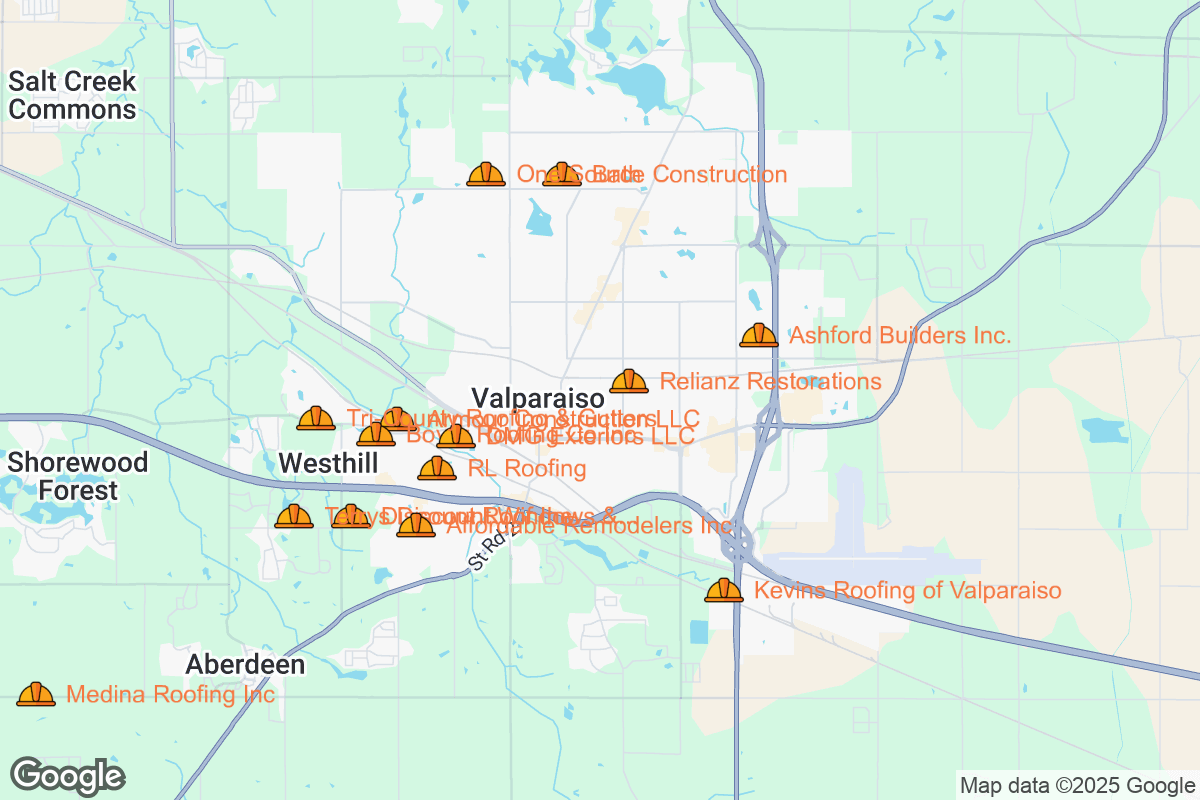 Map of Roofing Contractors in Valparaiso, Indiana