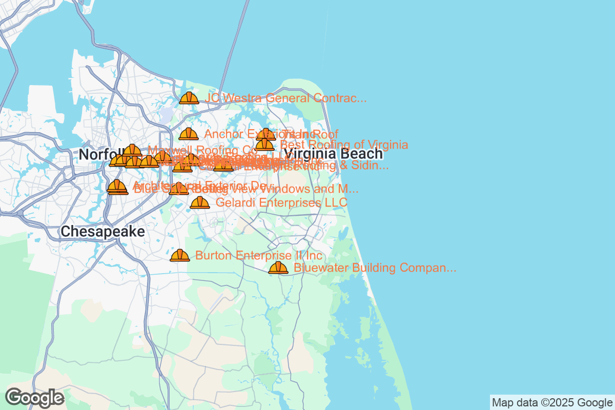 Map of Roofing Contractors in Virginia Beach, Virginia
