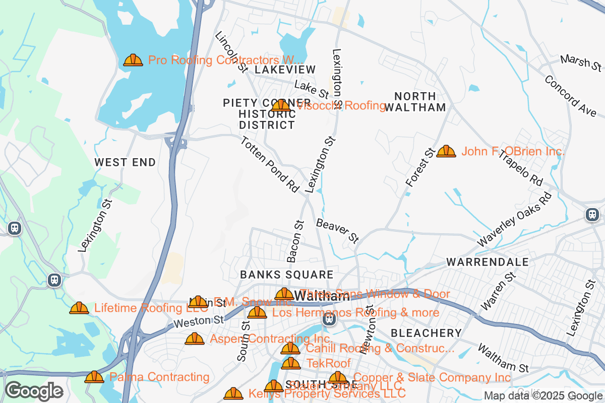 Map of Roofing Contractors in Waltham, Massachusetts