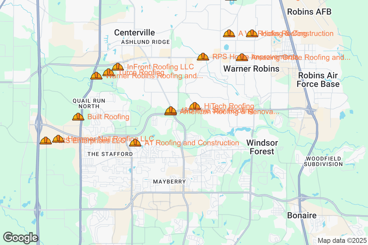 Map of Roofing Contractors in Warner Robins, Georgia
