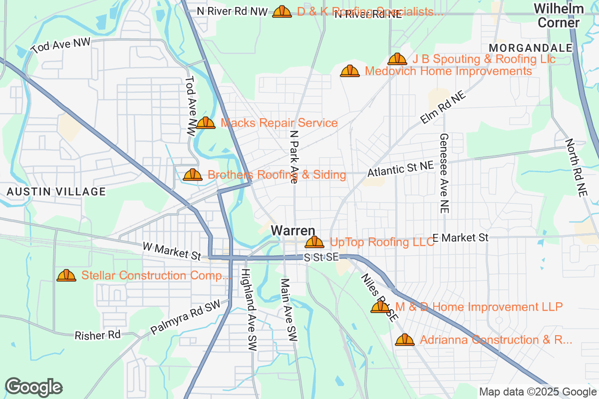 Map of Roofing Contractors in Warren, Ohio